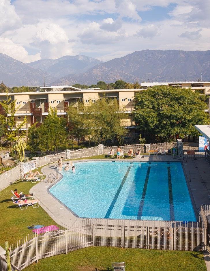 aerial view of the gold center pool with san gabriel mountains in the background